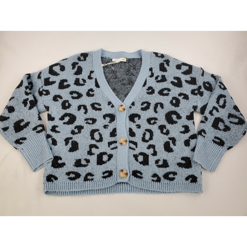 C&C California Women Blue Animal Print Cardigan Sweater 89E01925T-X857 M NEW